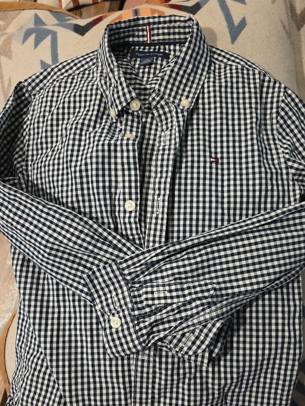 Tommy Hilfiger Navy and White Gingham Button-Down Shirt Boys MED